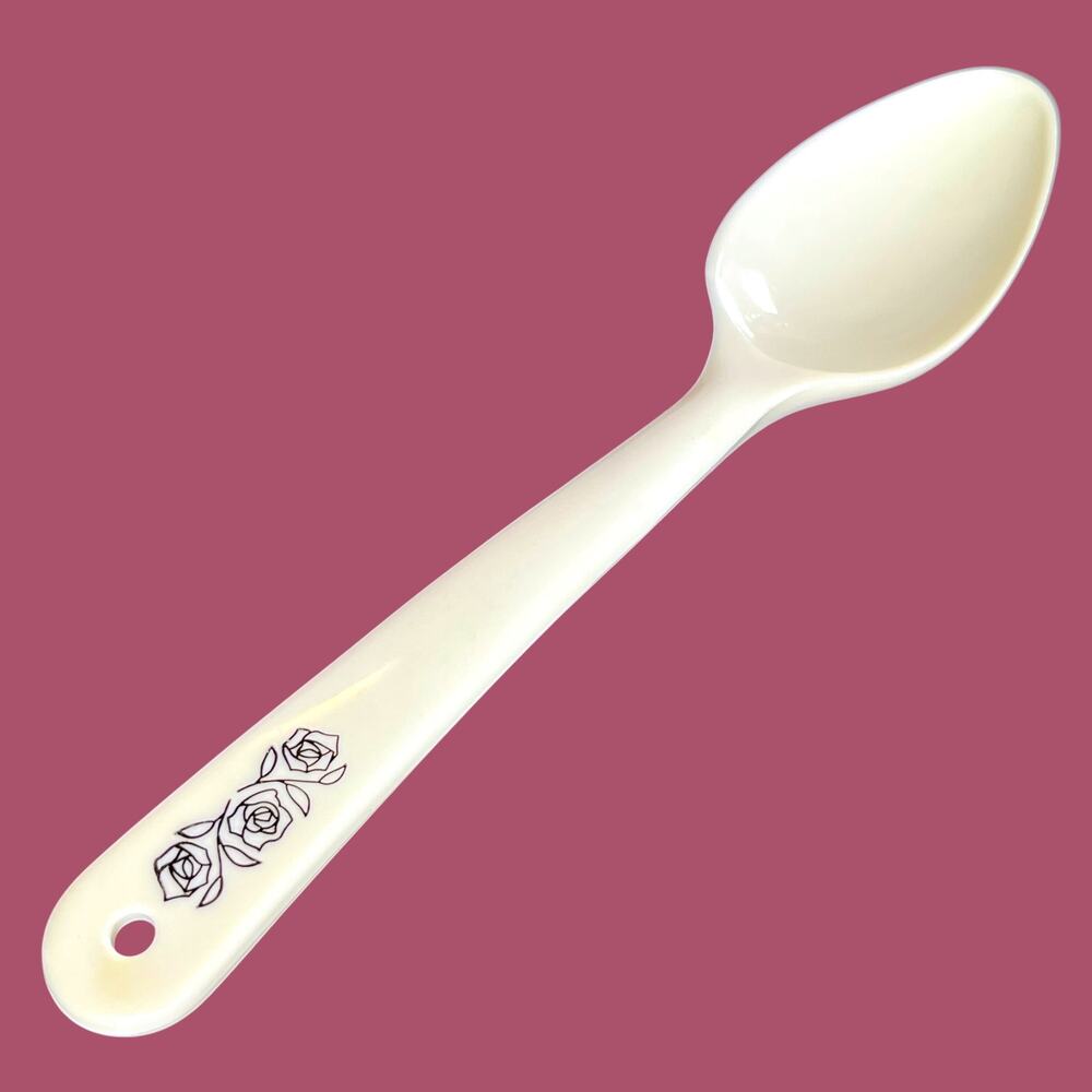 Vintage 1970s White Nylon Serving Spoon Black Rose Floral Kitchen Utensil 10”